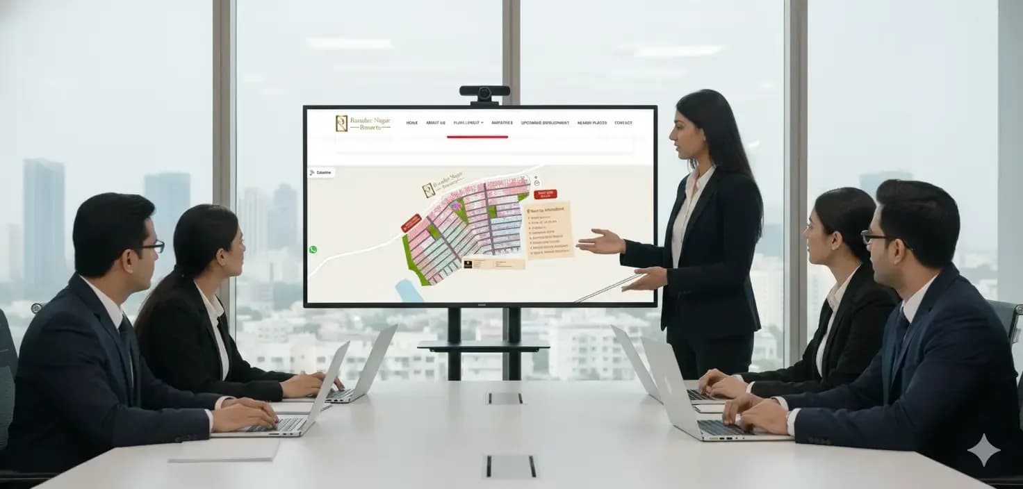 Woman presenting website data on a large screen during a corporate meeting.