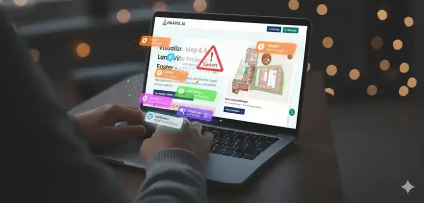 Person typing on a laptop with a website showing UI/UX analysis and a warning icon.